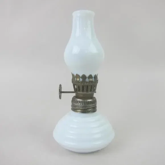 Antique Miniature Oil Lamp White Milk Glass Chimney & Beehive Base 4.5 Tall